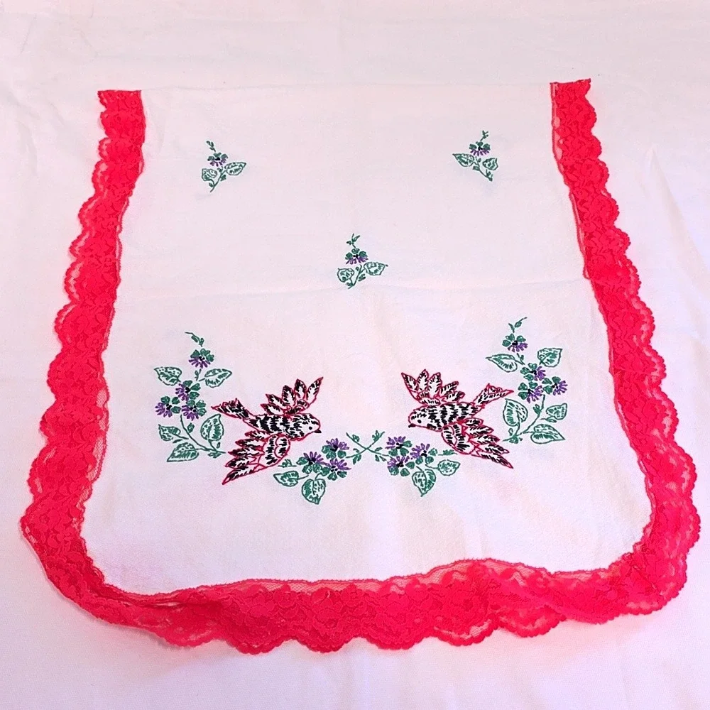 Vintage Table Runner White Red Embroidered Bird Lace Trim Dresser Scarf